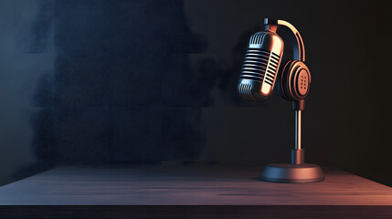 Podcasting and radio concept with retro microphone and headphones on empty wooden table and dark blank wall background with place for your logo or text. 3D rendering, mock up