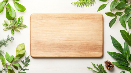 A beautifully crafted wooden cutting board is elegantly framed by various fresh green herbs and plants creating a serene and natural culinary setting perfect for food preparation and serving