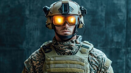 A soldier in camouflage uniform, wearing a helmet and goggles with bright orange lights, looks directly at the camera with a serious expression.