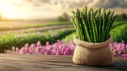 Poster - Fresh green asparagus a burlap bag on a weathered wooden table set against a blooming agricultural field backdrop leaving ample space for text