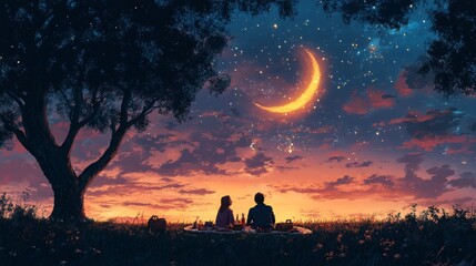  Twilight Picnic Bliss, couple sharing a cozy moment under a crescent moon, warm hues enveloping the serene evening sky