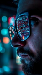 Close-up of programmer's glasses reflecting code, illuminated by vibrant neon lights. Cybersecurity expert working late, focused on complex algorithms.