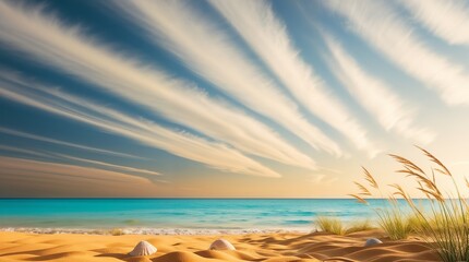 beach at dusk, long clouds in the sky