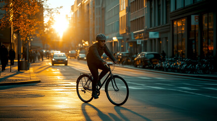 People bicycles, the ancient European city of Oslo, Norway. evening sunlight and silhouettes, beautiful downtown in Autumn Season