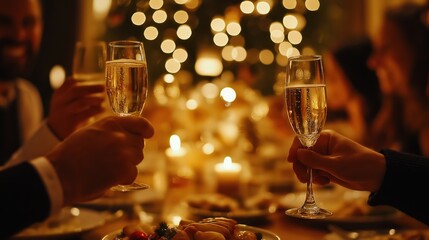 People hands with champagne glasses toasting during festive meal against blurred table with food and glowing bokeh lights