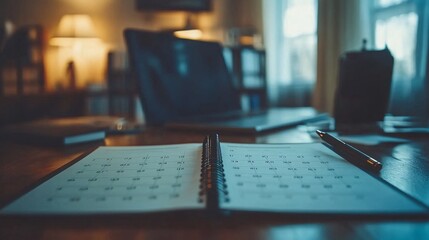 Poster - A person confidently using a planner with a pen surrounded by an organized desk setup symbolizing time management and efficient planning Stock Photo with side copy space