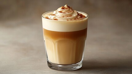 Poster - Frothy dalgona coffee a clear glass featuring a velvety coffee foam on top all set against a muted grey background capturing the trend in a stylish minimalist way with text space