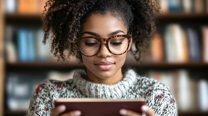 Poster - A woman diligently studying new material on a tablet while sipping coffee in a cozy study space symbolizing a commitment to learning and self-improvement Stock Photo with side copy space