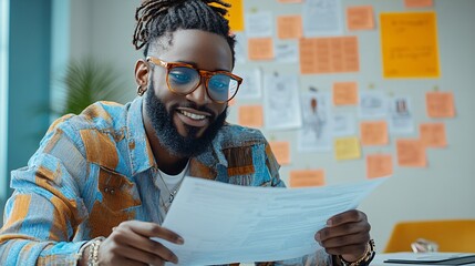 A young entrepreneur reviewing business plans at a desk with a vision board in the background symbolizing self-improvement and goal setting Stock Photo with side copy space