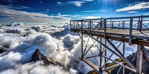 Close-up view of metal structures on mountain peak with clouds in background