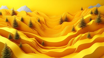 Poster - An abstract folded paper effect with a bright, colorful yellow background. A maze made of paper. A 3D rendering.