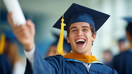 Poster - A student celebrating their academic achievement while holding a diploma and smiling Stock Photo with side copy space