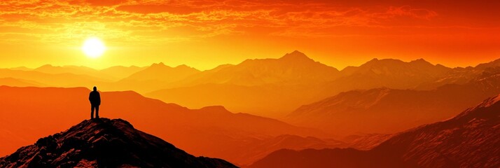 Aufkleber - A person standing confidently on a mountain peak with the sun rising behind them symbolizing self-assurance and hope Stock Photo with side copy space
