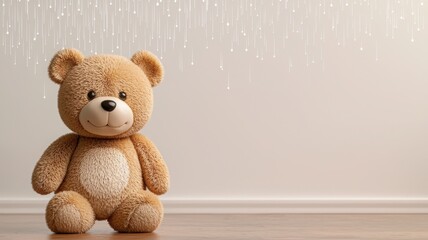 Cute teddy bear toy in a cozy indoor setting with soft lighting.