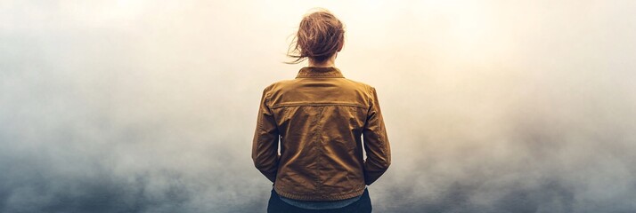 A person standing by a calm lake at dawn looking peaceful and reflective symbolizing inner calm and hope for the future Stock Photo with side copy space