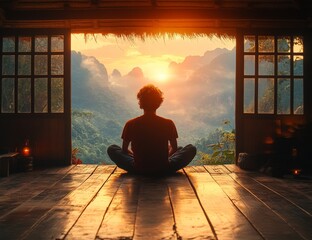 Various views of a woman sitting on a wooden porch in the shadows of a high mountain cliff. The sun is setting over the mountain and there is a beautiful warm orange light. The background is a map.