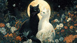 © Pickoloh - A detailed and enchanting design featuring a yin yang inspired illustration of a black cat and a white cat sitting together in a floral garden with moon light.