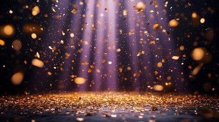 Poster - Golden confetti rain illuminated a gentle purple light beam on a stage with dark surroundings and ample copy space setting the scene for an unforgettable award ceremony