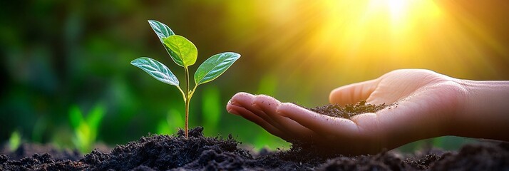 Poster - A hand holding a small sapling against a backdrop of sunlight symbolizing hope for growth and new beginnings Stock Photo with side copy space