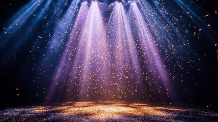Fototapete - Golden confetti rain illuminated a gentle purple light beam on a stage with dark surroundings and ample copy space setting the scene for an unforgettable award ceremony