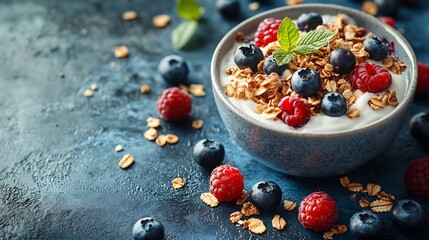 Poster - Healthy breakfast featuring creamy Greek yogurt blueberries and granola arranged on a blue tabletop The colors and textures highlight a wholesome and appetizing snack with space for text