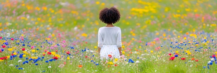 A woman standing in a meadow of wildflowers with a serene and confident expression symbolizing hope and peace Stock Photo with side copy space