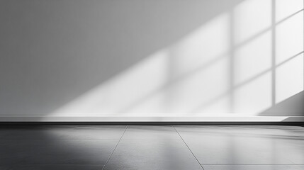 Wall Mural - white background, studio kitchen wall surface with light shadow on podium,empty room cement texture 