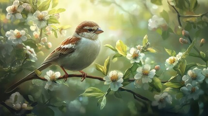 Naklejka na meble charming sparrow perched gracefully on a branch, surrounded by lush greenery and delicate blossoms. the scene captures the beauty of nature and tranquility, enhanced by soft natural light