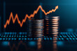 © Kookkii - Stacks of coins with a rising graph in the background, representing financial growth and investment opportunities in a digital era.