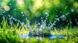 © Prasert - close-up water splash on green grass with blur bokeh background