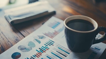 Poster - Coffee cup on a table with financial reports and graphs