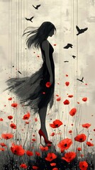 Poster - A minimalist gray scene a stylized woman in red heels and a flowing black dress framed by vibrant red poppies and drifting petals Birds fly to the right adding depth and movement