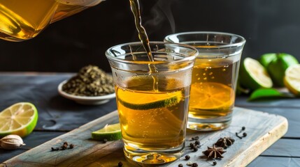 Pitcher of tea is poured into two glasses