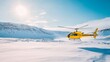 © chusnul - A yellow helicopter hovers over a snowy landscape under a bright sun.