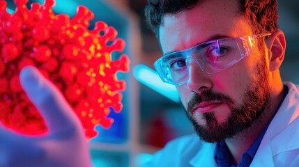 Poster - A scientist examines a vibrant, red virus model, showcasing a focus on research and the importance of scientific study in healthcare.