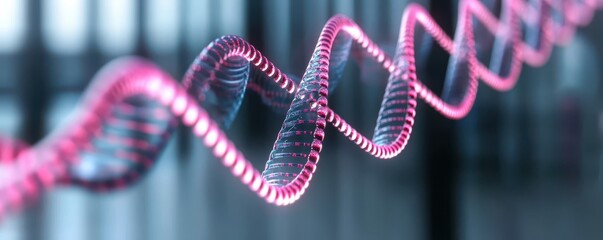Poster - A vibrant, abstract representation of a DNA helix, showcasing its twisted structure in shades of pink and blue, set against a blurred background.