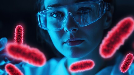 Poster - A scientist examines glowing bacteria under a microscope, showcasing a blend of technology and biology in a vibrant lab environment.