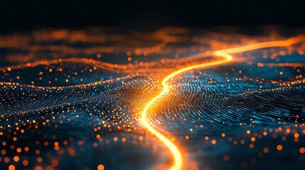 Poster - Abstract glowing path through a digital landscape.