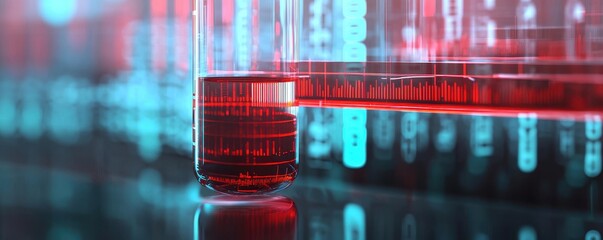 Poster - A close-up view of a test tube containing red liquid, with digital data patterns in the background, symbolizing scientific analysis and research.