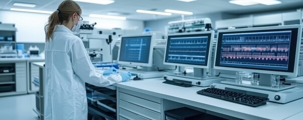 Poster - A lab technician analyzes data on multiple screens in a modern laboratory, showcasing advanced technology and scientific research.