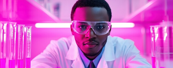Poster - A scientist in a lab coat and goggles is focused on his work, surrounded by test tubes and vibrant pink lighting.