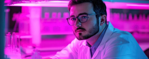 Poster - A focused male scientist in a lab coat examines glassware under vibrant purple lighting.