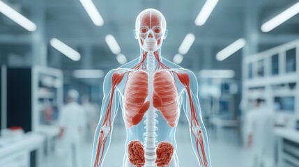 Poster - A detailed, anatomically accurate model of the human body showcasing internal organs in a laboratory setting.