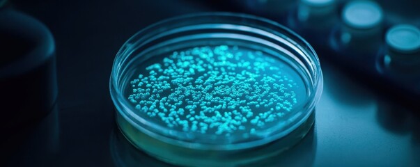 Poster - A glowing petri dish with vibrant blue microbial growth under dim lighting, highlighting a scientific study or experiment.