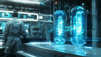 Wall Mural - futuristic lab capsules. two glowing capsules in a futuristic laboratory, representing innovation an