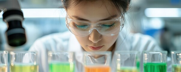 Poster - A focused scientist examines colorful liquids in laboratory glassware, wearing safety goggles and a lab coat, highlighting the importance of research and experimentation.