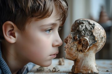 Sticker - A Thoughtful Encounter: A Boy and a Cracked Bust in Introspective Moment