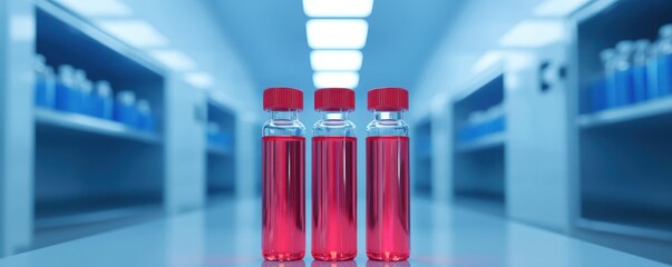 Poster - Three glass vials containing red liquid are arranged in a bright, modern lab space, highlighting a scientific atmosphere.