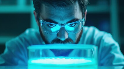 Poster - A focused scientist examines a glowing liquid in a lab, showcasing curiosity and precision in a scientific setting.