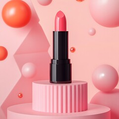 Poster - Lipstick mockup displayed a pink pedestal with abstract geometric shapes in the background featuring triangles and spheres in soft pastel hues creating a chic and modern beauty product scene